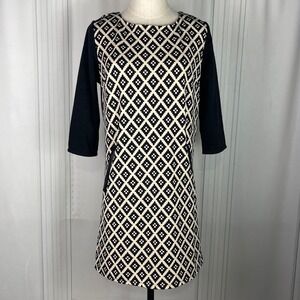 Anthropologie THML Isadora Diamond Pattern Shift 3/4 Sleeve Dress Black/Cream S‎